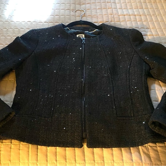 Annie Klein Black Sequin Tweed Zippered Jacket Size 8 - Picture 6 of 7